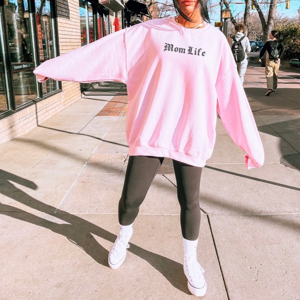 Mom Life Pink Long Sleeve Unisex Crewneck Sweatshirt